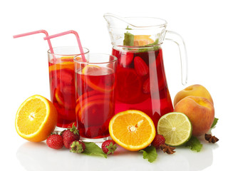 Poster - sangria in jar and glasses with fruits, isolated on white