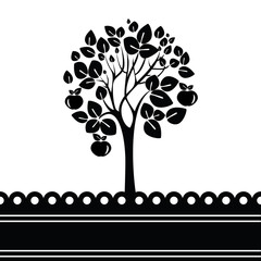 Black and white vector tree stylized with apples