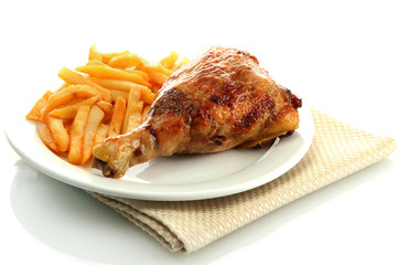 Wall Mural - Roast chicken with french fries on plate, isolated on white