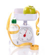 © zaretska - weight-scales, measure, apple and bottle with aqua