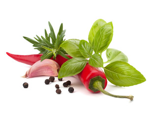 Wall Mural - Chili pepper and flavoring herbs