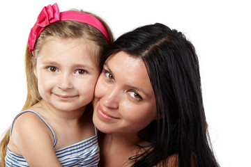 Mother and little daughter cheek to cheek close-up