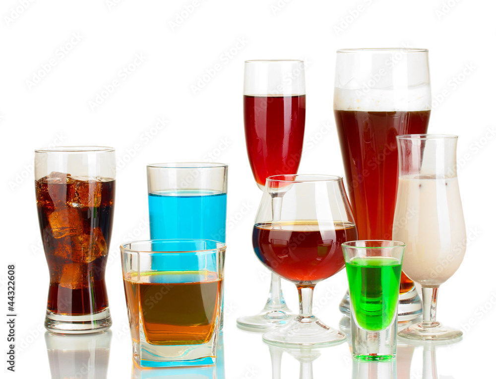 a variety of alcoholic drinks isolated on white