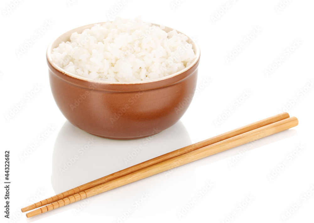 Bowl of rice and chopsticks isoalted on white