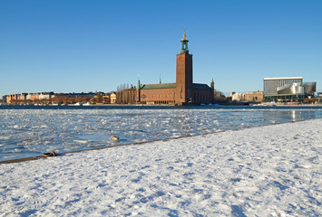 Sticker - Winter image of Stockholm city hall.