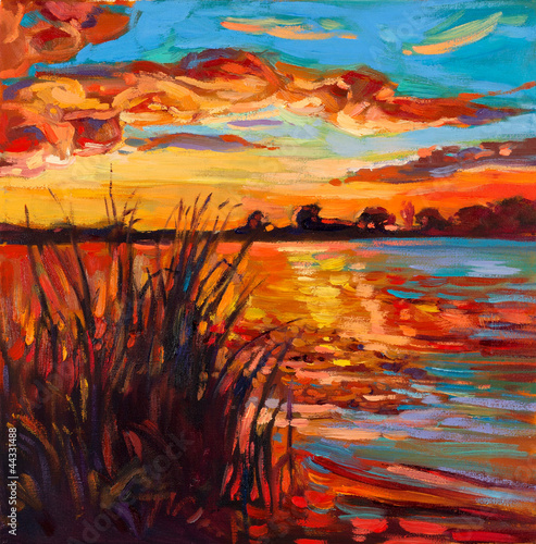 Nowoczesny obraz na płótnie Sunset over lake