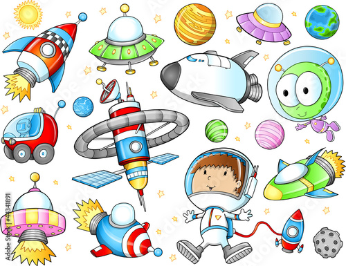 Naklejka - mata magnetyczna na lodówkę Outer Space Spaceships and Astronaut Vector Set