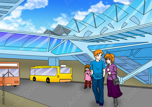 Board z aluminiowym obramowaniem Ilustracja kreskówka dworca autobusowego