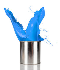 Poster - Blue paint splashing out of can, isolated on white background