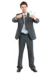 © Alliance - Full length portrait of businessman pointing on packs of euros