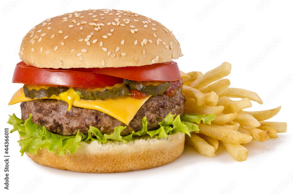 Burger and french fries - obrazy, fototapety, plakaty 