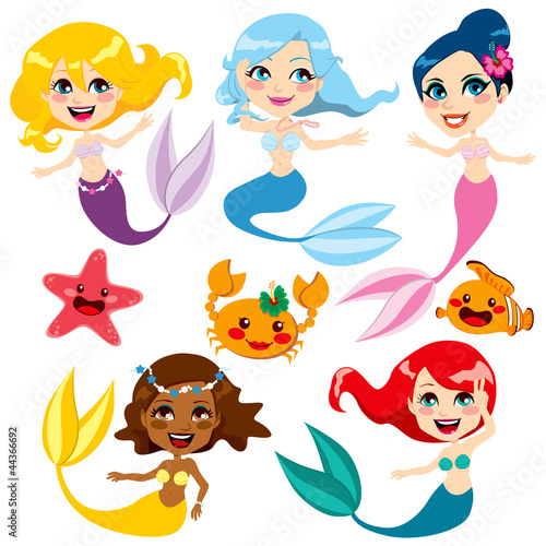 Obraz w ramie Cute Colorful Mermaids