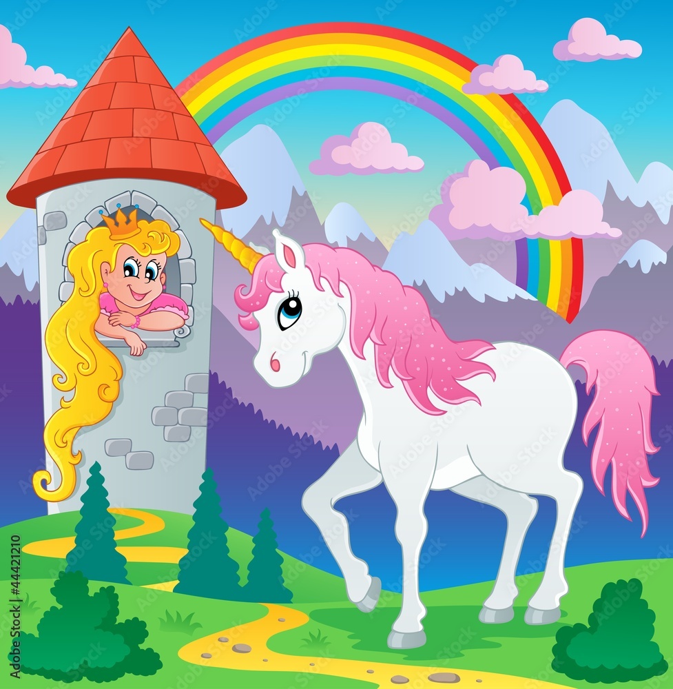 Fairy tale unicorn theme image 3 - obrazy, fototapety, plakaty 