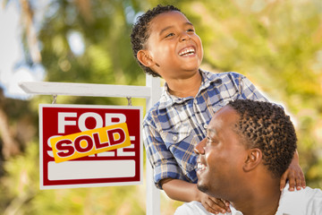 Wall Mural - Mixed Race Father and Son In Front of Sold Real Estate Sign