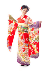 Wall Mural - japanese kimono woman on white background