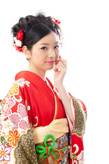 Wall Mural - japanese kimono woman on white background