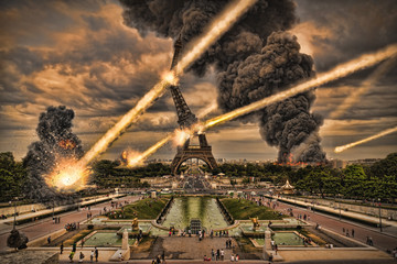 Wall Mural - Meteorite shower over paris, destroying the Eiffel Tower