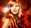 Beautiful Girl With Shiny Red Long Hair over Blinking Background 