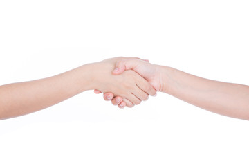 Closeup picture of woman shaking hands isolated on white backgro