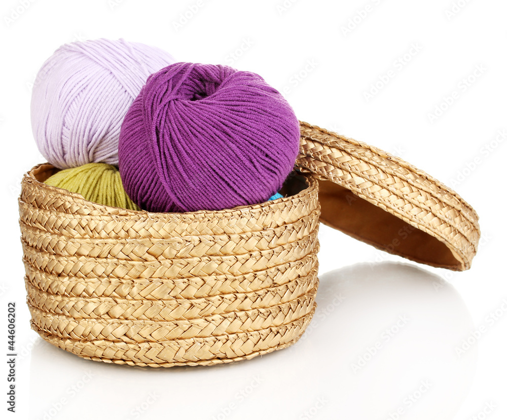 Knitting yarn in basket isolated on white