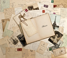 Old Letters, French Post Cards And Open Book
