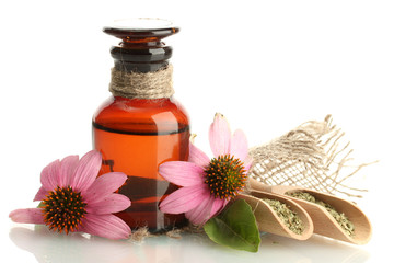 Canvas Print - medicine bottle with purple echinacea , isolated on white