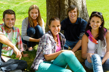 Sticker - Students relaxing on meadow in park teens