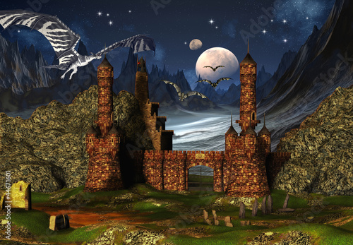 Fototapeta na wymiar Fantasy Scene With A Castle And Dragons