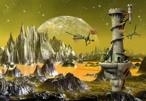 Fototapeta na wymiar Fantasy Scene With Dragons And A Tower