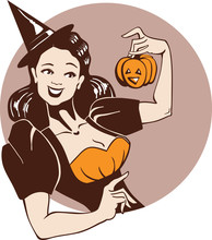 Laughing Pretty Girl In Witch Costume  With Pumpkin In Pin Up St
