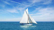 Seascape With Sailboat The Background Of The Blue Sky.