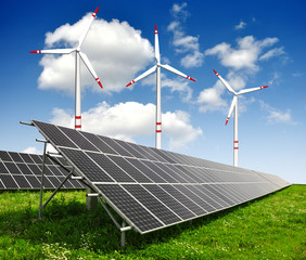 Wall Mural - solar energy panels and wind turbine