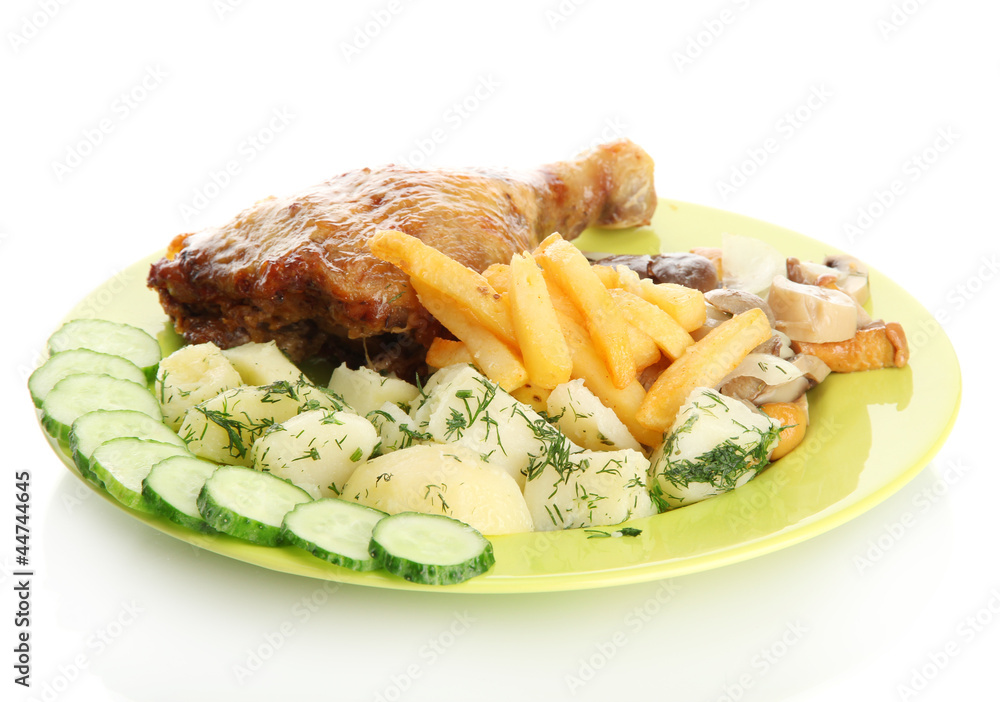Roast chicken with potatoes, and cucumbers