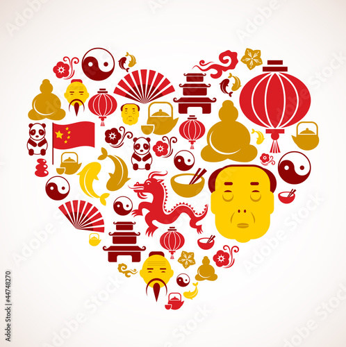 Naklejka dekoracyjna Heart shape with China icons