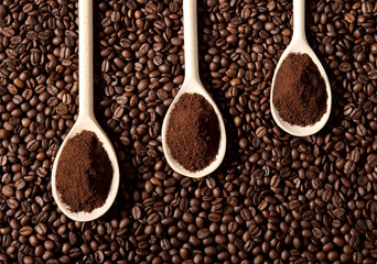 Wall Mural - Ground coffee on coffe beans