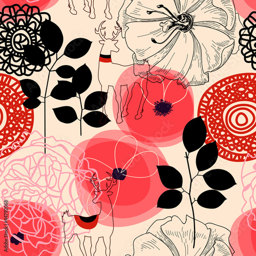 Naklejka dekoracyjna Flowers and deers seamless pattern