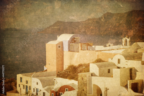 Board z aluminiowym obramowaniem Obraz rocznika oia wieś na wyspie santorini, Grecja