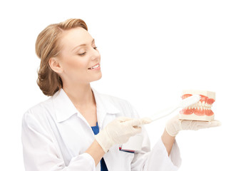 Poster - attractive female doctor with toothbrush and jaws