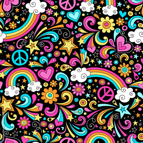 Obraz na płótnie canvas trzyczęściowy "tryptyk" Groovy tęczy psychodeliczny doodle bezszwowe wektor wzór