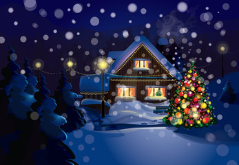 Wall Mural - vector of christmas scene, snowfall is in separated layer.