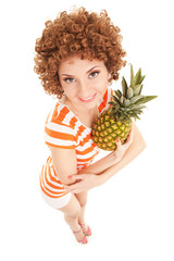 Sticker - fun woman with pineapple on the white background