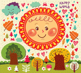 Wall Mural - Autumn Vector Cartoon illustration with fun sun and trees