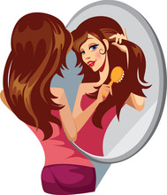 Girl Combing Her Hair Before A Mirror