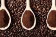 Ground coffee on coffee beans