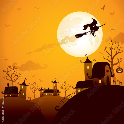 Board z aluminiowym obramowaniem Latająca nad domami w noc Halloween