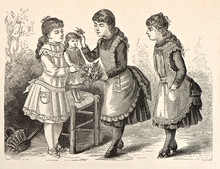 Little Girls Playing With A Doll. Engraved Illustration 1885
