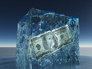 One hundred dollar bill frozen in ice