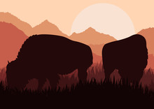 Bison Family In Wild America Nature Landscape Vector