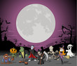 Halloween cemetery with full moon and monster characters
