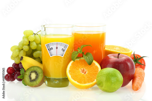 Fototapeta na wymiar Diet and healthy eating. Fruits, vegetables and juice on white